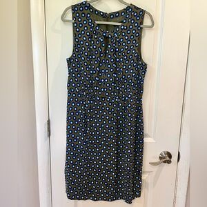 J Crew Tuscan Keyhole Sleeveless Sheath Midi Dress Sz 12 Olive /Blue Multi Dot